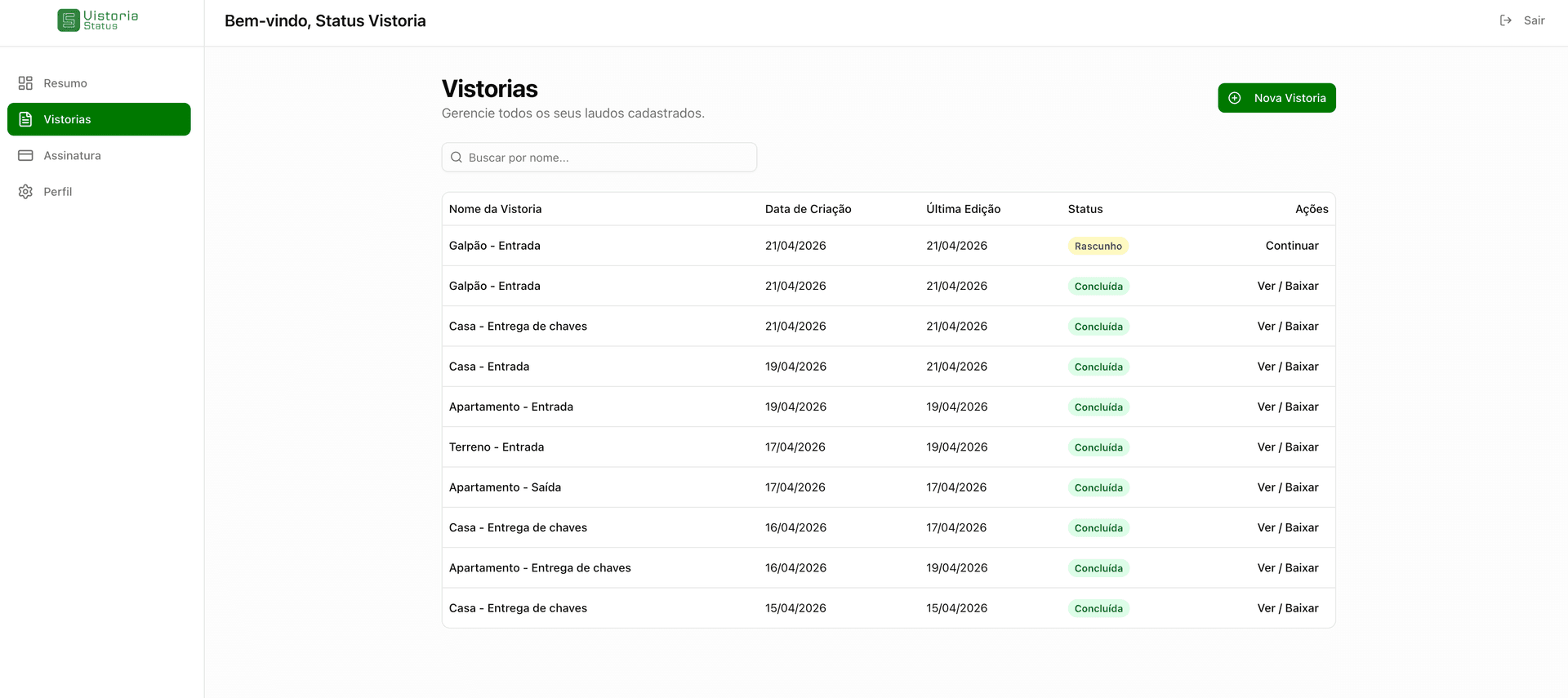 Status Vistoria — tela de vistoria